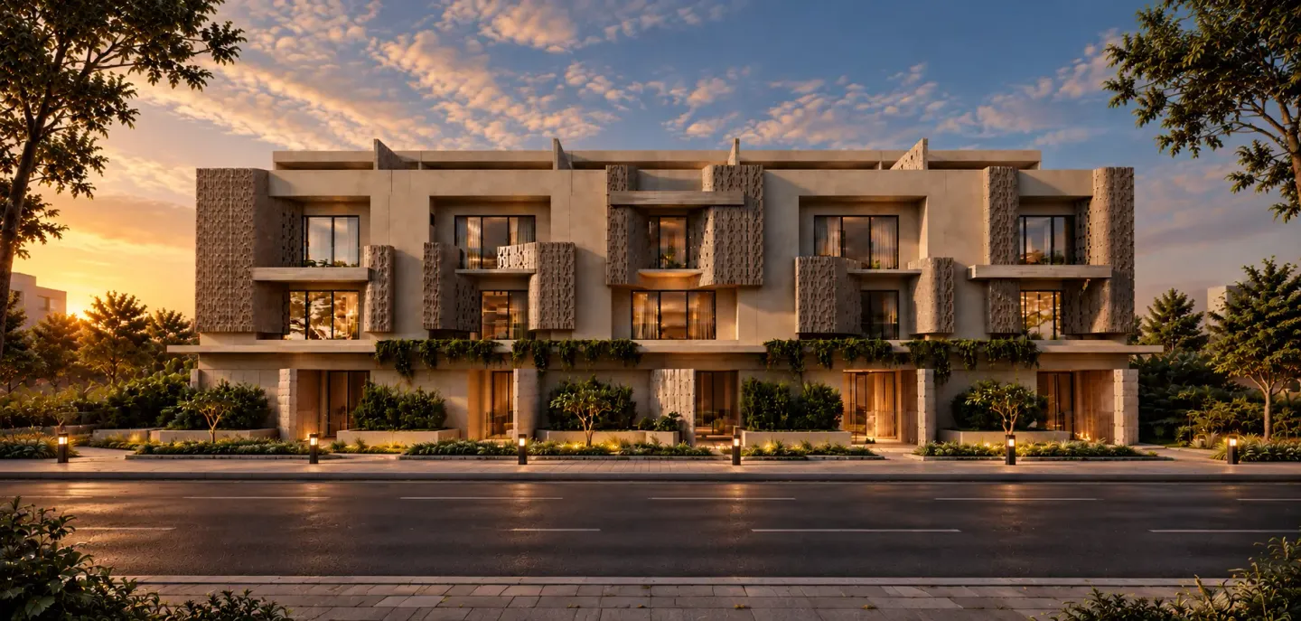 Warm light on a contemporary home with stone screens, palms and landscaped gardens