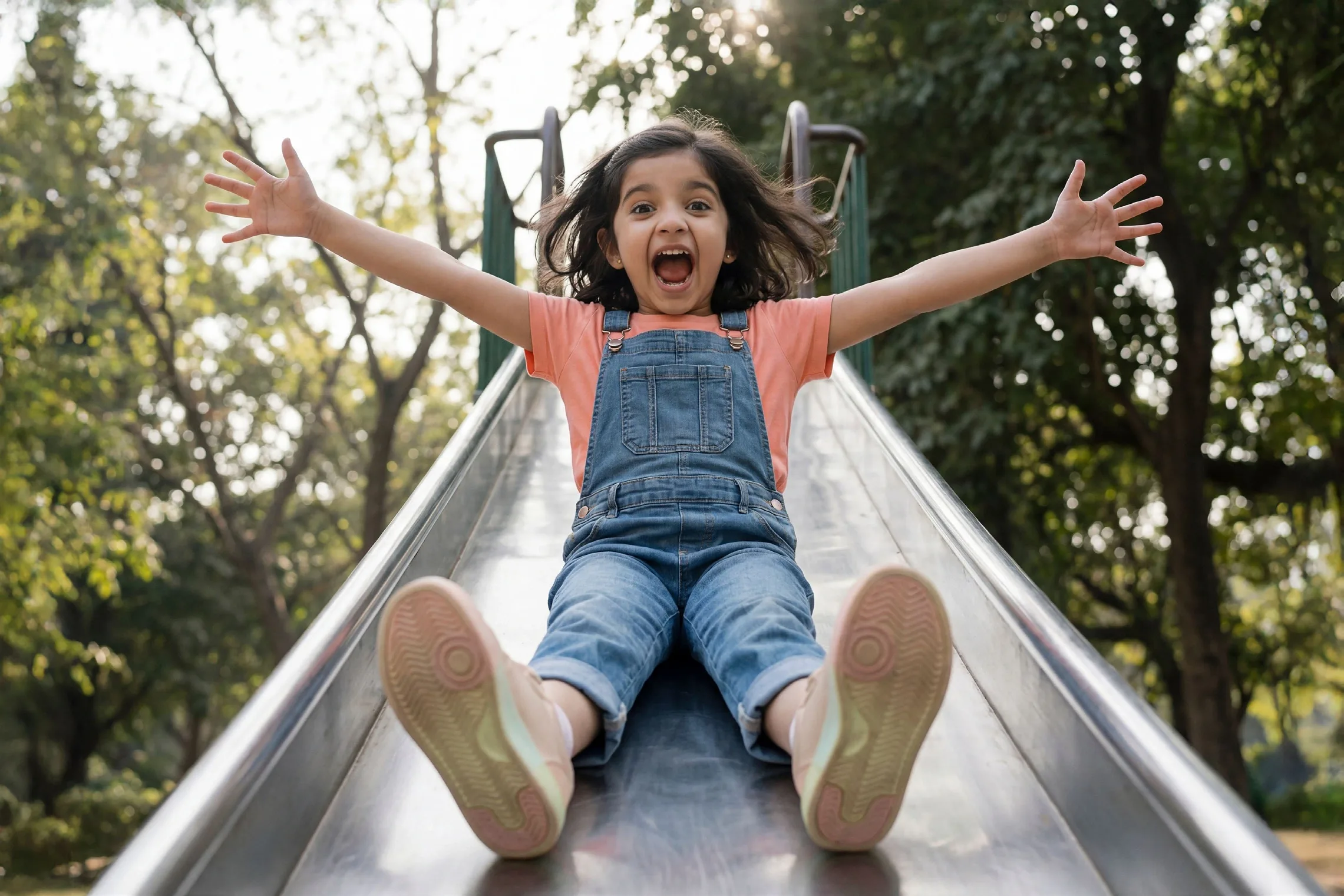 Children laughing at an outdoor slide and play area