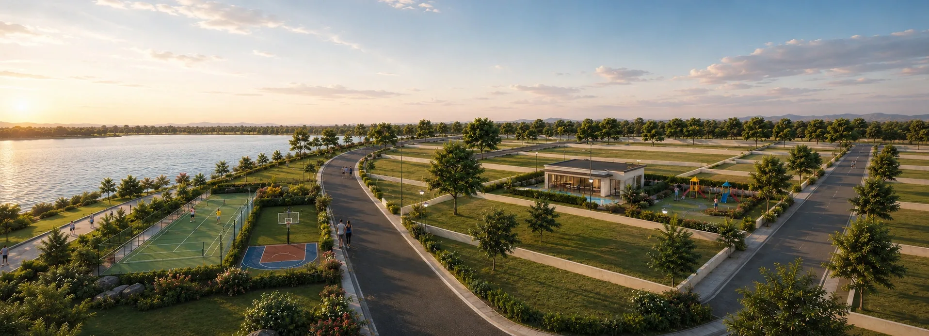 Aerial view of lakeside amenities, gardens and community spaces