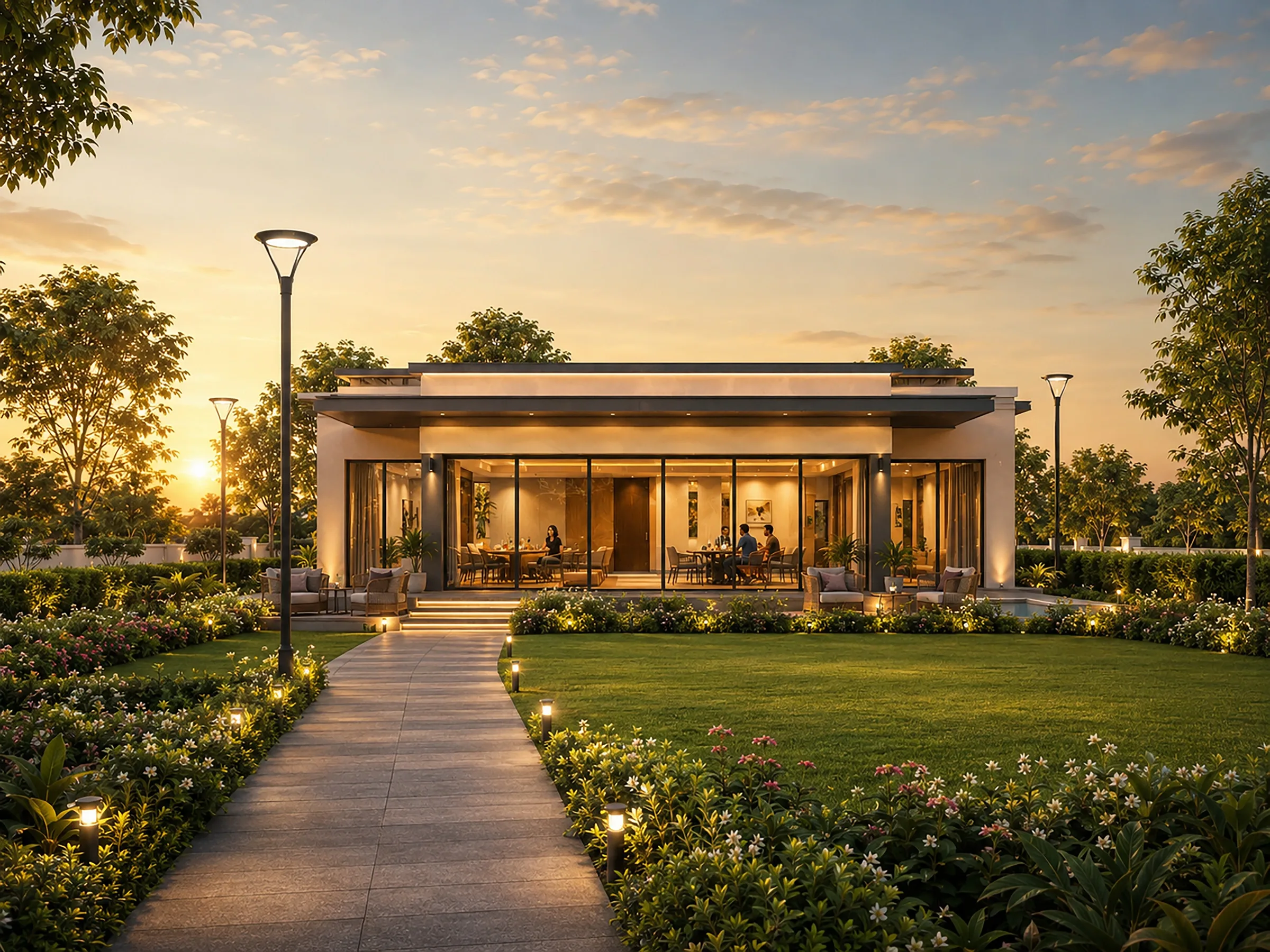 The contemporary clubhouse with a landscaped lawn at dusk