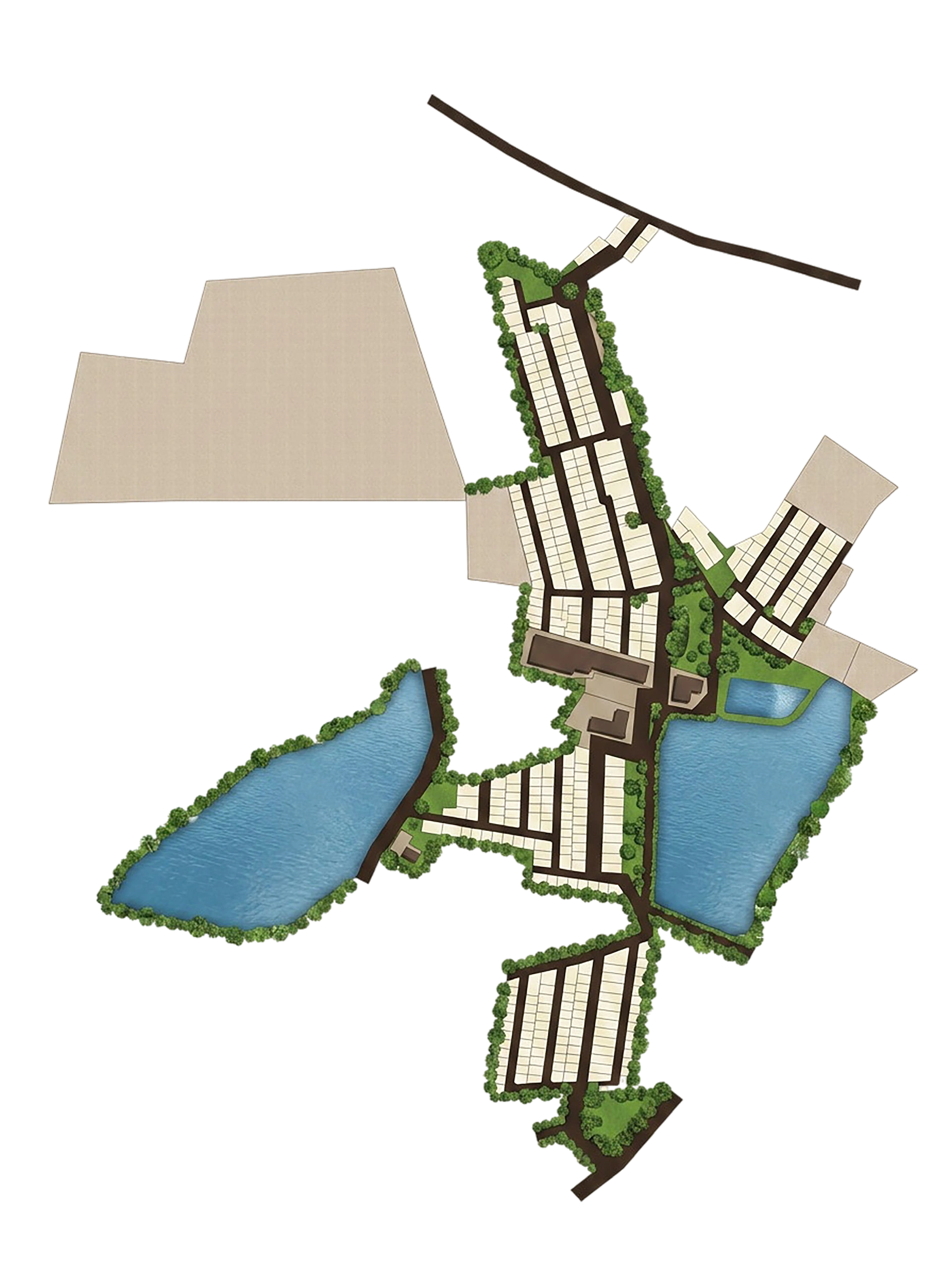 Original community master plan with plot parcels, roads, lake zones and green spaces